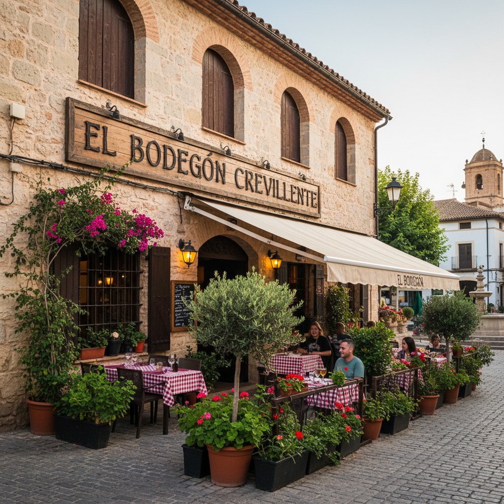 Fachada de piedra de El Bodegón Crevillente con mesas de terraza cubiertas por un toldo en una calle adoquinada.